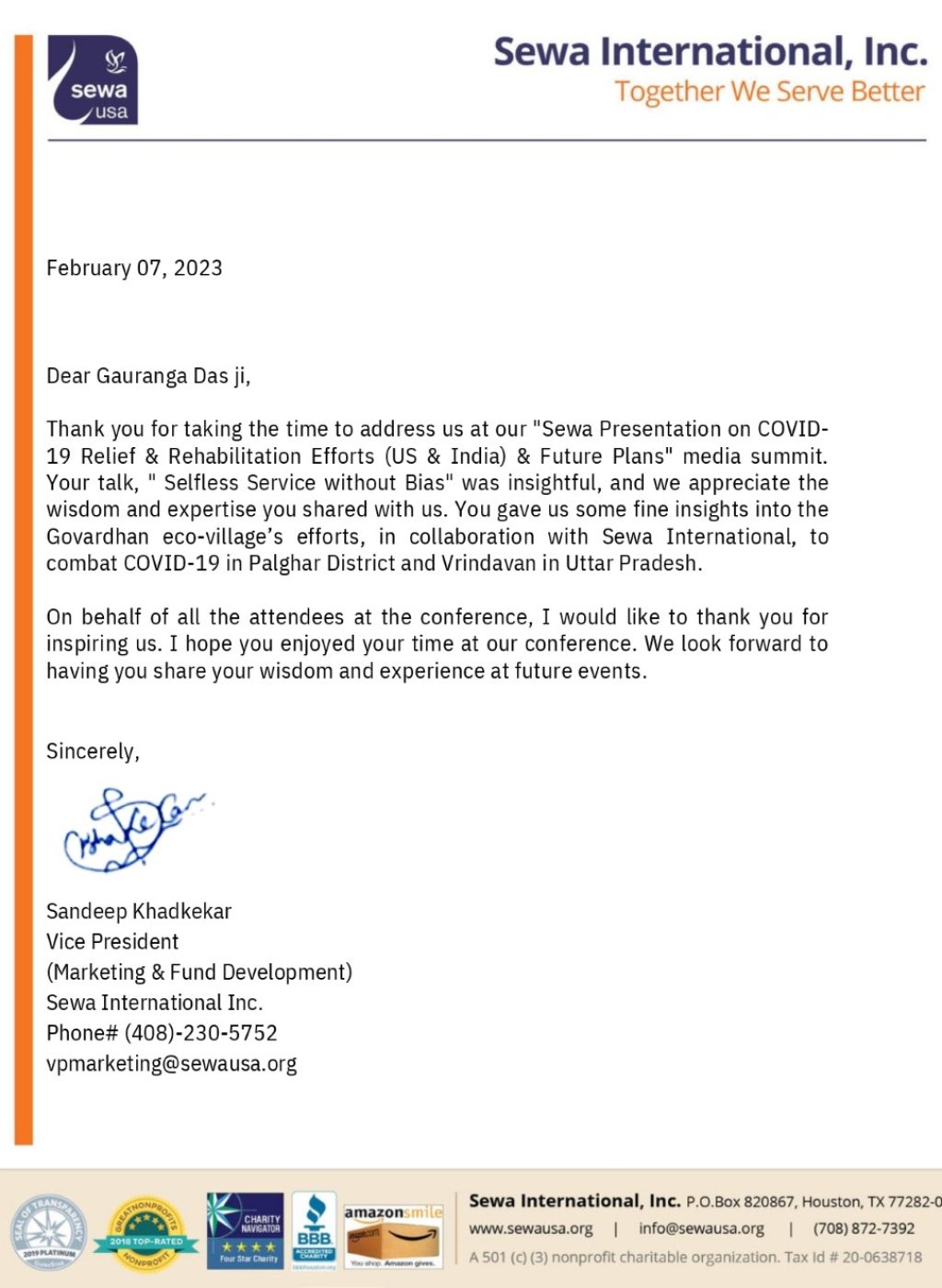 sewa international letter